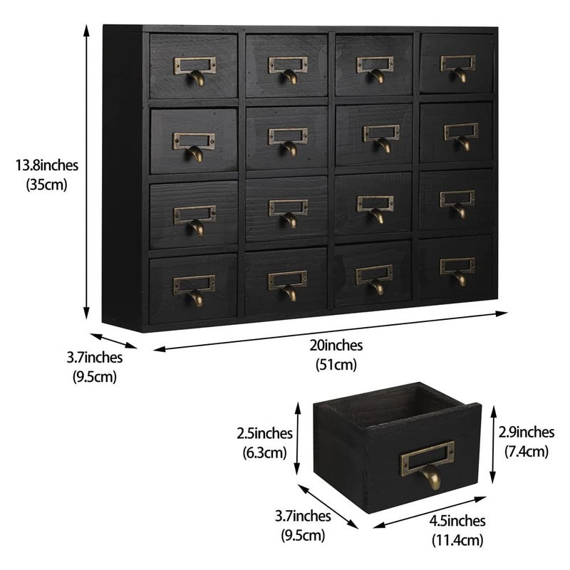 PACKGILO 16 Drawers Apothecary Cabinet with Drawers Tabletop Apothecary Chests and Cabinets Library Card Catalog Cabinet Herb Storage Box Wooden Desk Drawer Organizer Medicine Vintage Furniture(BLACK) - Image 3