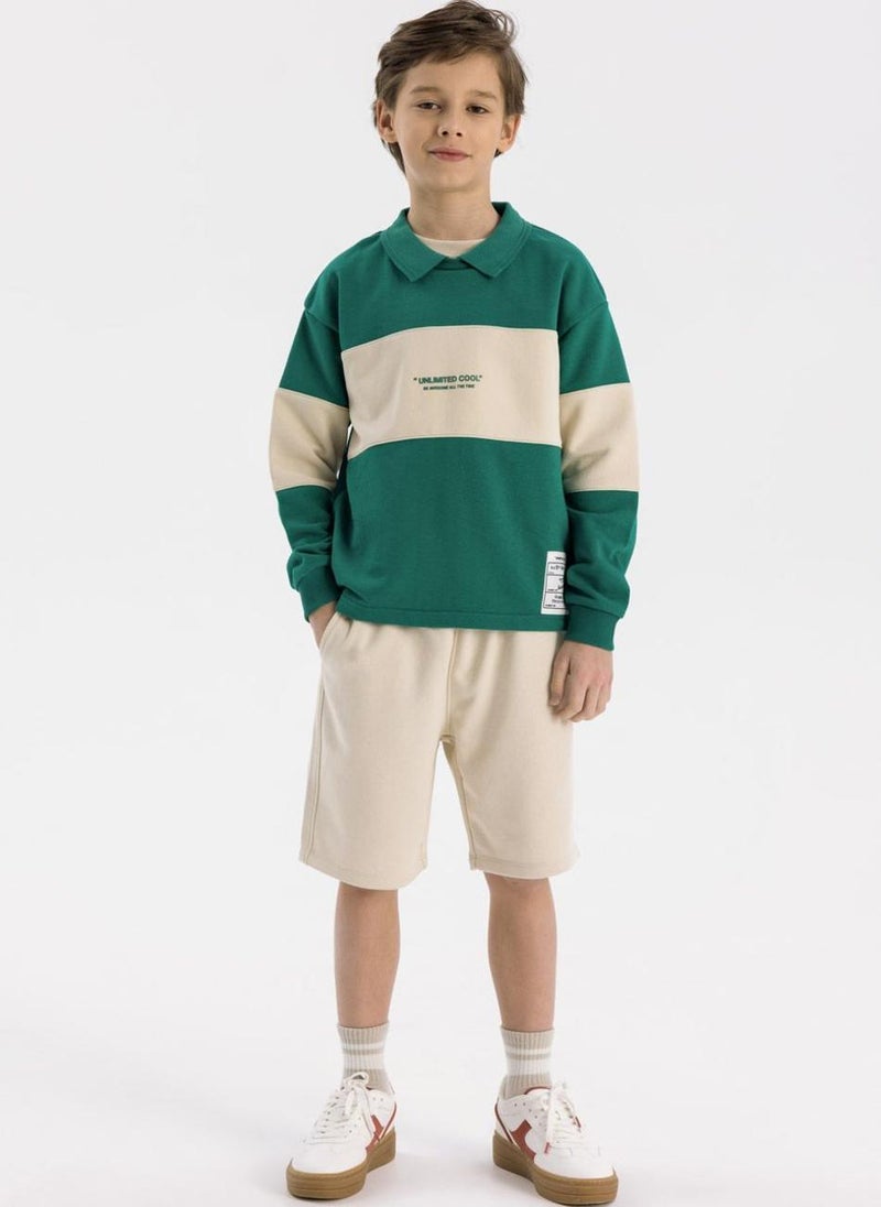 MINOTI Kids Long Sleeve Polo Sweatshirt with Text Print  - Image 1