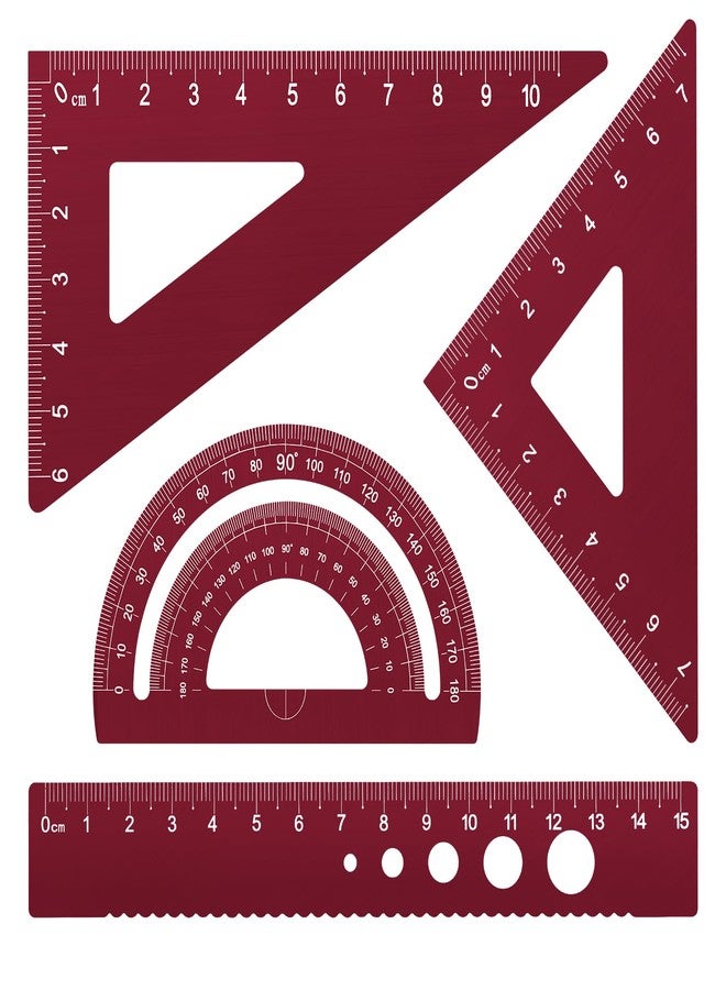 Honagu Triangular Ruler Set, 4 Pieces Aluminum Alloy Ruler, Metal Drafting Ruler, Geometric Protractor for Students, Draftsmen, Engineers, School Office Supplies (Rose Red) - Image 1