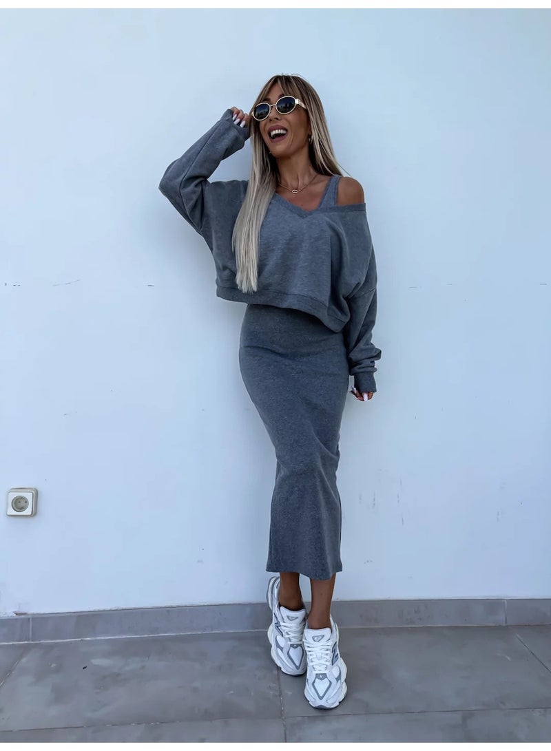 NIBEMINENT Spring Summer Women's Solid Color V neck Long Sleeved Sweatshirt with Strapless and Form Fitting Long Dress Set of 2 Pieces - Image 2