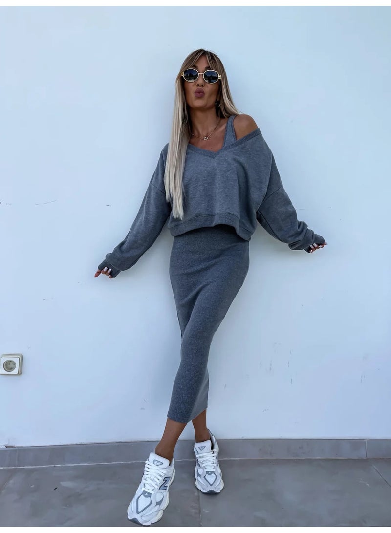 NIBEMINENT Spring Summer Women's Solid Color V neck Long Sleeved Sweatshirt with Strapless and Form Fitting Long Dress Set of 2 Pieces - Image 1