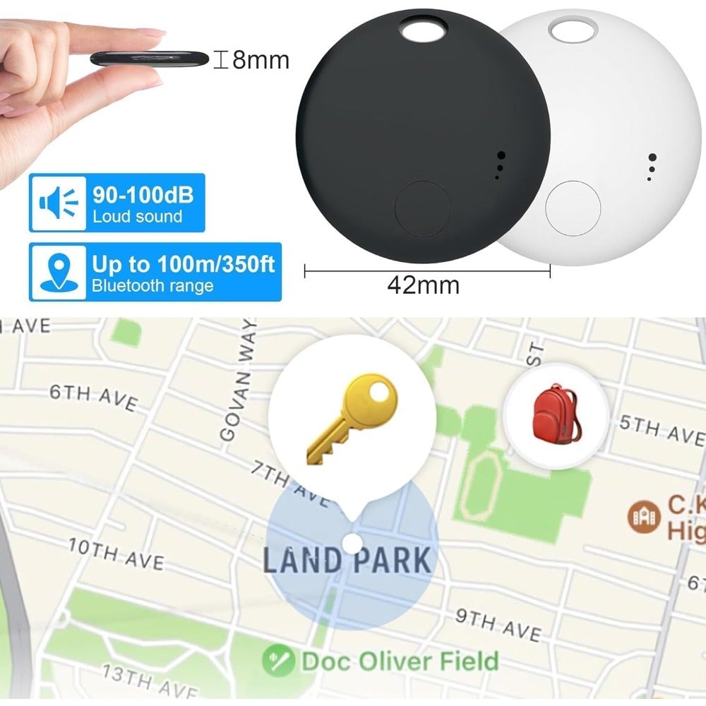 Bluetooth Item Tracker with Find My, 4-Pack Key Finder Set, 100dB Sound Alert, 350ft Range, Black and White