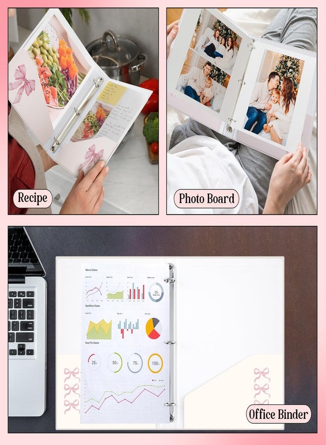 ReliThick 4 Pcs Cute Pink Bow 3 Ring Binder, 1 Inch Round Ring with Interior Pockets, Clipboard Binder, Coquette School Supplies, Decorative Cute Binders for School Office A4 Paper - Image 5