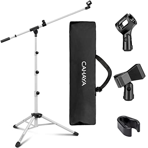 CAHAYA Microphone Stand Tripod Boom Arm Floor Mic Stand with Carrying Bag and 2 Mic Clips for Singing Performance Wedding Stage and Mic Mount White - Image 1