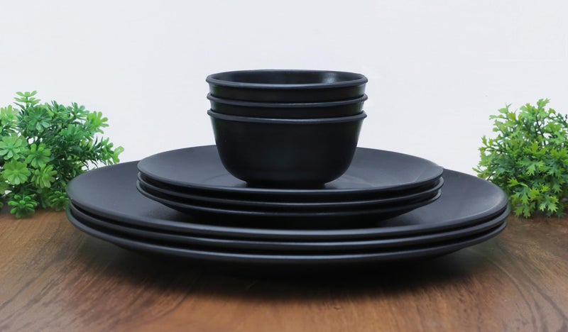Amar Industries Melamine Dinner Set, Elegant, Unabreakable, Modern, Matte Black Spiral Design, Full Plates, Half Plates with Bowl (Serve 3) (Set of 9) - Image 1