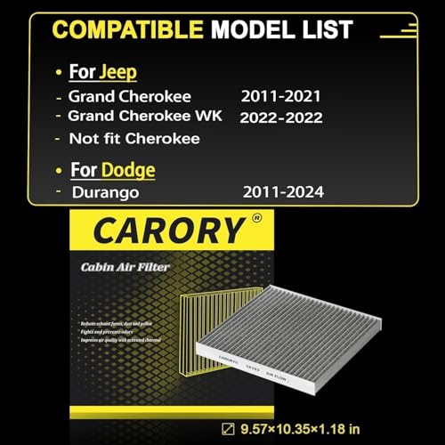 CARORY Cabin Air Filter w/Activated Carbon for Jeep Grand Cherokee (2011-2021, Not Fit Cherokee), Dodge Durango 2011-2024, 68079487AA, 68079487AB, CF11183 - Image 2