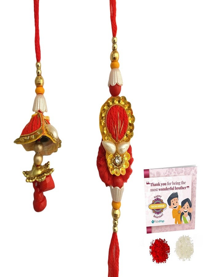 Fabdrap - MultiColor Lumba Rakhi Pair for Bhabhi and Bhai - Bhaiya Bhabhi Rakhi Set - Rakhi Combo with Greeting Card & Roli Chawal (Red Golden) - Image 1