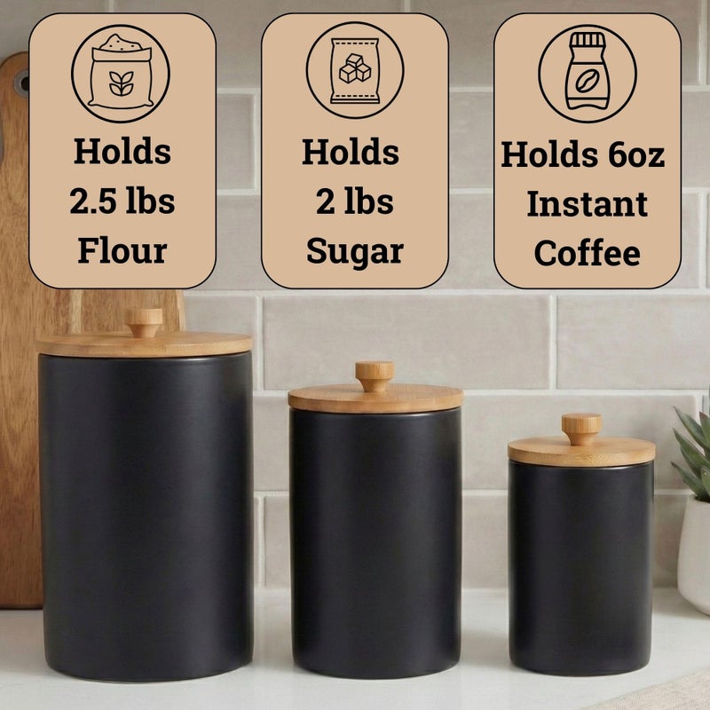 HB Design Co. Ceramic Kitchen Canisters for Countertop Set of 3 with Airtight Bamboo Lids - Black Kitchen Canisters with Airtight Lids - Flour Sugar Canister Set - Flour and Sugar Containers Farmhouse - Coffee Jar - Image 3