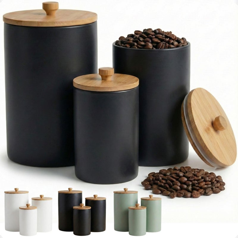 HB Design Co. Ceramic Kitchen Canisters for Countertop Set of 3 with Airtight Bamboo Lids - Black Kitchen Canisters with Airtight Lids - Flour Sugar Canister Set - Flour and Sugar Containers Farmhouse - Coffee Jar - Image 1