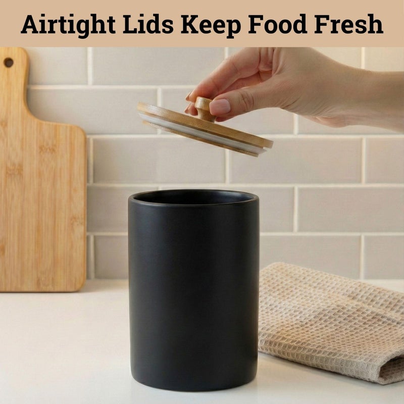 HB Design Co. Ceramic Kitchen Canisters for Countertop Set of 3 with Airtight Bamboo Lids - Black Kitchen Canisters with Airtight Lids - Flour Sugar Canister Set - Flour and Sugar Containers Farmhouse - Coffee Jar - Image 4