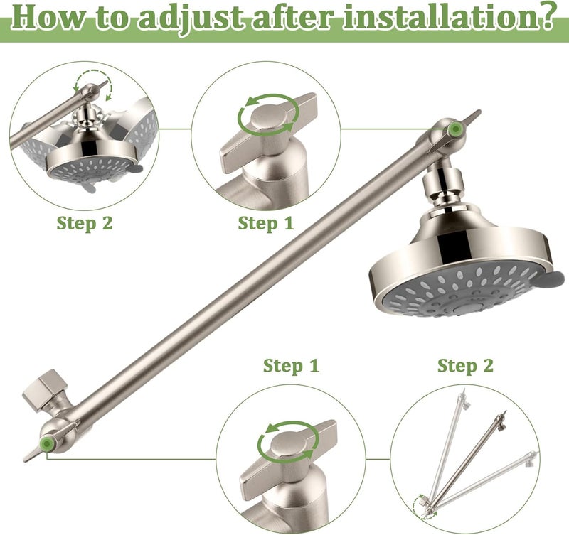 Enoughmen Rain Shower Head Extension 12 Inch Adjustable Rain Shower Head Extension Arm Stainless Steel Shower Head Holder G1/2 Universal Connector Compatible (Brushed Nickel) - Image 5