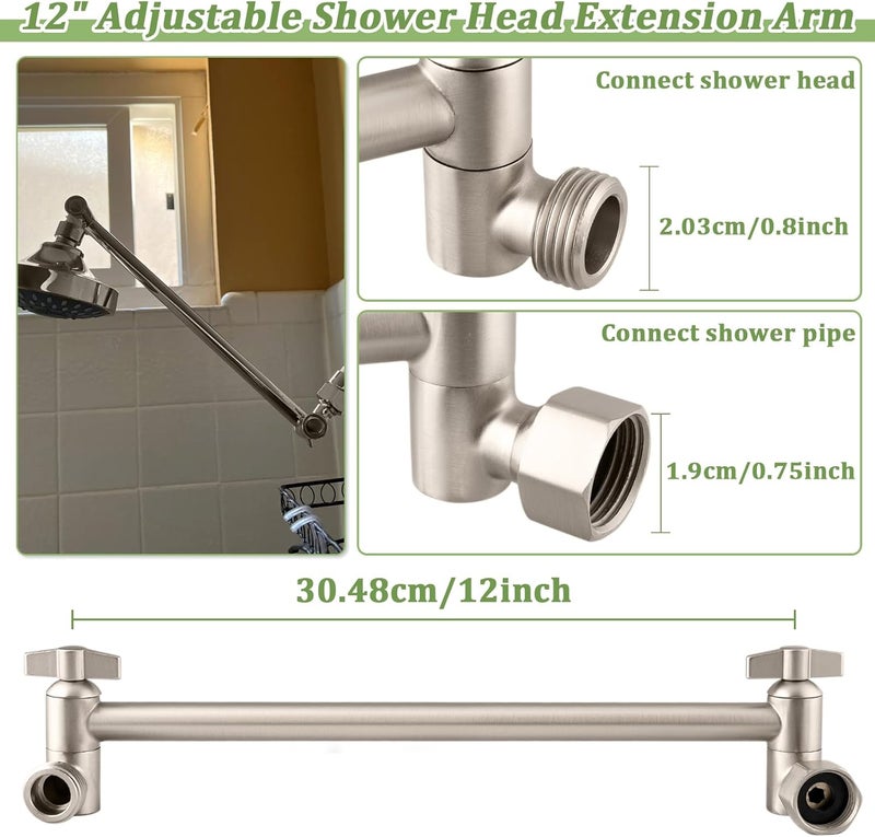 Enoughmen Rain Shower Head Extension 12 Inch Adjustable Rain Shower Head Extension Arm Stainless Steel Shower Head Holder G1/2 Universal Connector Compatible (Brushed Nickel) - Image 2