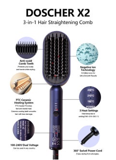 DOSCHER Hair Straightener Brush Straightening Comb Fast Heating Ceramic Heater Straightening Comb with Negative Ions with Built-in Comb for All Hair Types -Gifts for Women  - Image 2