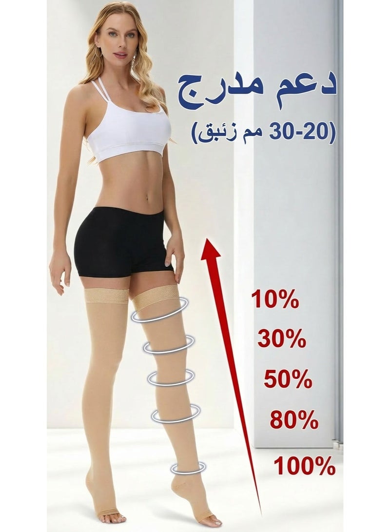20-30 مم زئبق جوارب ضغط طبية متدرجة بطول الفخذ، مفتوحة الأصابع مع شريط سيليكون مانع للانزلاق، لدعم الدورة الدموية وعلاج الدوالي والتورم، للرجال والنساء (L) - Image 3