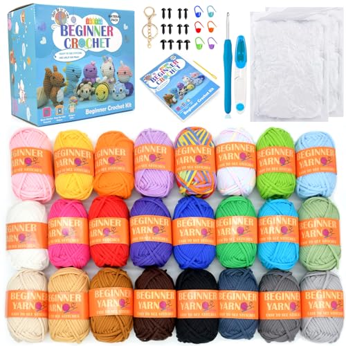 JOYTAG 24 Pack Beginners Crochet Yarn Blue Green Pink Purple Yellow Rainbow Cotton Easy Crochet Yarn for Crocheting Knitting Beginners with Easy-to-See Stitches Beginner Crochet Kit(24x25g) - Image 1