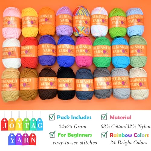 JOYTAG 24 Pack Beginners Crochet Yarn Blue Green Pink Purple Yellow Rainbow Cotton Easy Crochet Yarn for Crocheting Knitting Beginners with Easy-to-See Stitches Beginner Crochet Kit(24x25g) - Image 4