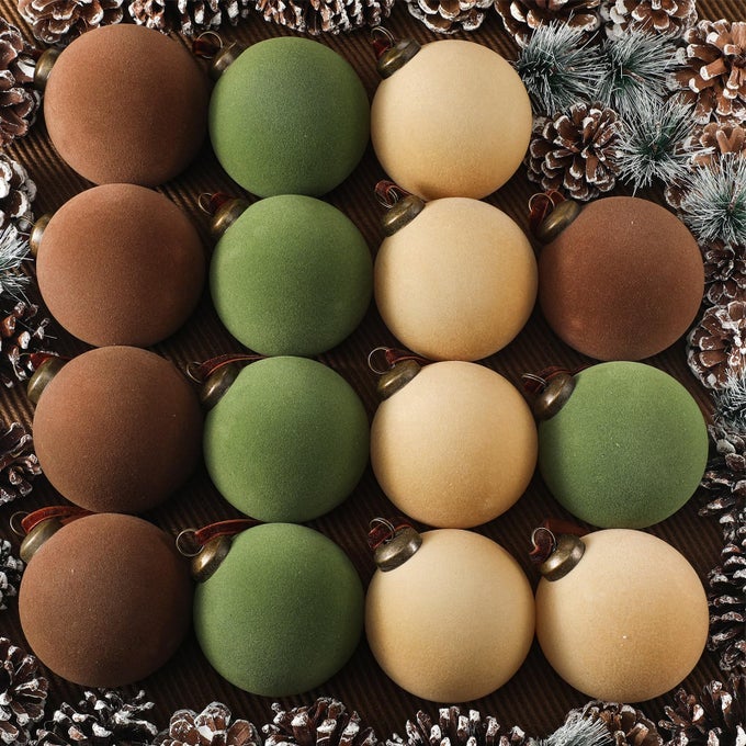 15 PCS VELVET CHRISTMAS BALLS BULK FLOCKED CHRISTMAS TREE BALL ORNAMENTS PLASTIC XMAS DECORATIVE HANGING ORNAMENTSBROWN GREEN BEIGE315 INCH