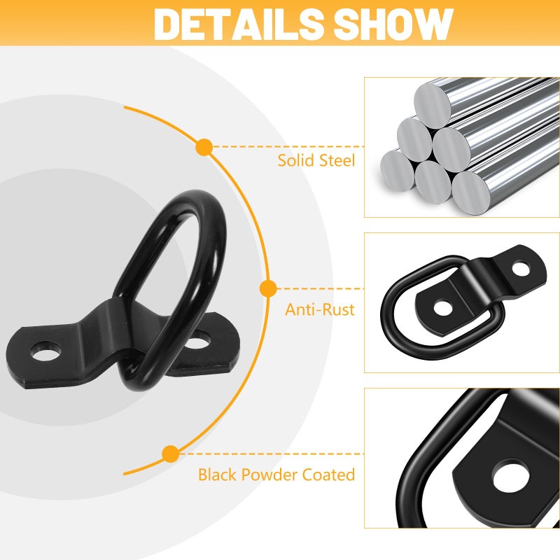 garini Black D Rings Tie Down Anchors,24 Pack 1/4" Heavy Duty Trailer Tie Down Anchor for Boats,Trailer Cargo Control, Truck Bed Or Deliveries - Image 5