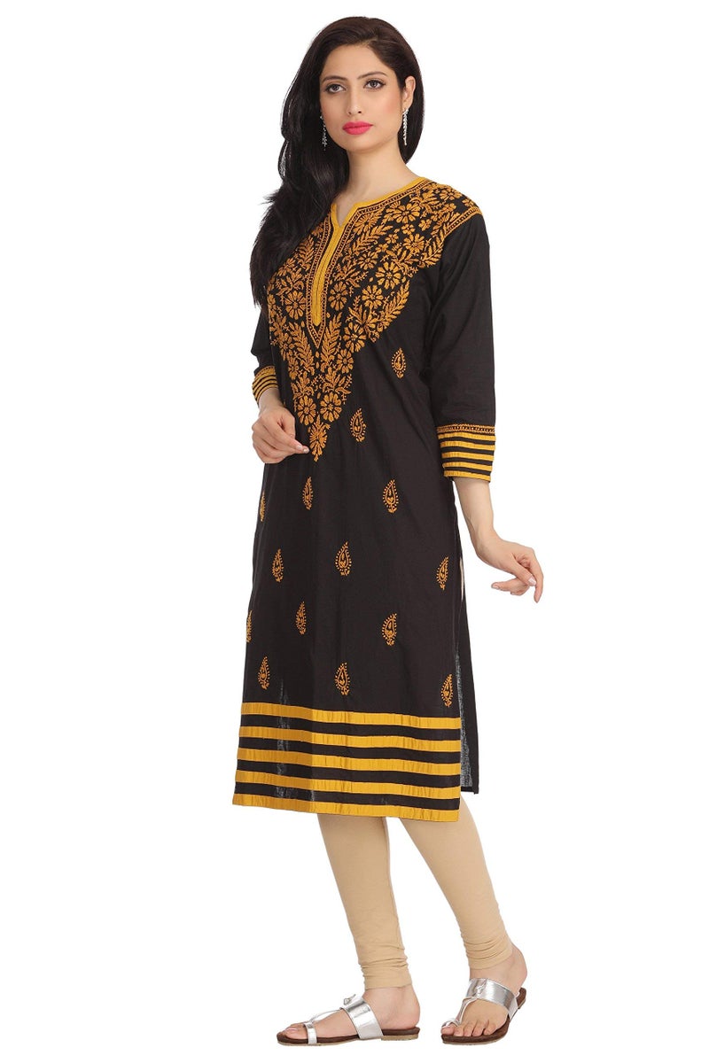 Ada Women Cotton Regular Fit Hand Emmbroidered Chikankari Black Kurta Kurti Tunic XS149691 XS) - Image 3