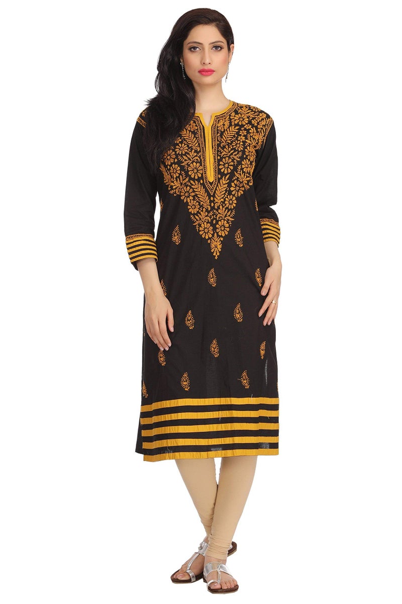 Ada Women Cotton Regular Fit Hand Emmbroidered Chikankari Black Kurta Kurti Tunic XS149691 XS) - Image 5