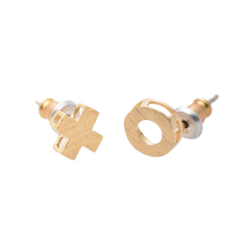 Spinningdaisy Handcrafted Brushed Metal XO Hug and Kiss Stud Earrings Gold - Image 2