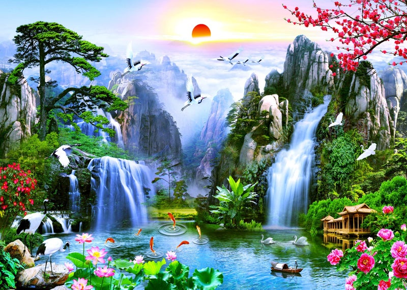 BELECO 7x5ft Fabric Fairyland Mountain Lake Photography Backdrop Waterfalls Swans Fish Flowers Dreamy Natural Landscape Painting Background Wall Murals Home Decor Kids Adults Portrait Photoshoot - Image 1