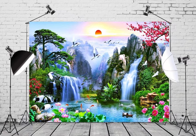 BELECO 7x5ft Fabric Fairyland Mountain Lake Photography Backdrop Waterfalls Swans Fish Flowers Dreamy Natural Landscape Painting Background Wall Murals Home Decor Kids Adults Portrait Photoshoot - Image 3