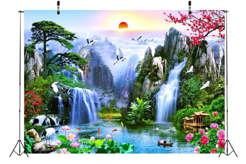 BELECO 7x5ft Fabric Fairyland Mountain Lake Photography Backdrop Waterfalls Swans Fish Flowers Dreamy Natural Landscape Painting Background Wall Murals Home Decor Kids Adults Portrait Photoshoot - Image 4