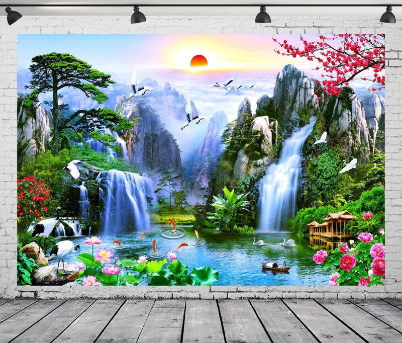 BELECO 7x5ft Fabric Fairyland Mountain Lake Photography Backdrop Waterfalls Swans Fish Flowers Dreamy Natural Landscape Painting Background Wall Murals Home Decor Kids Adults Portrait Photoshoot - Image 2