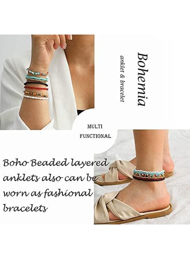 8 قطع خلخال متعدد الطبقات للنساء خلخال مصنوع يدويًا من الخرز للنساء والفتيات بوهو أساور الكاحل الخرز الملون مجموعة خلخال القدم قابل للتعديل - Image 2