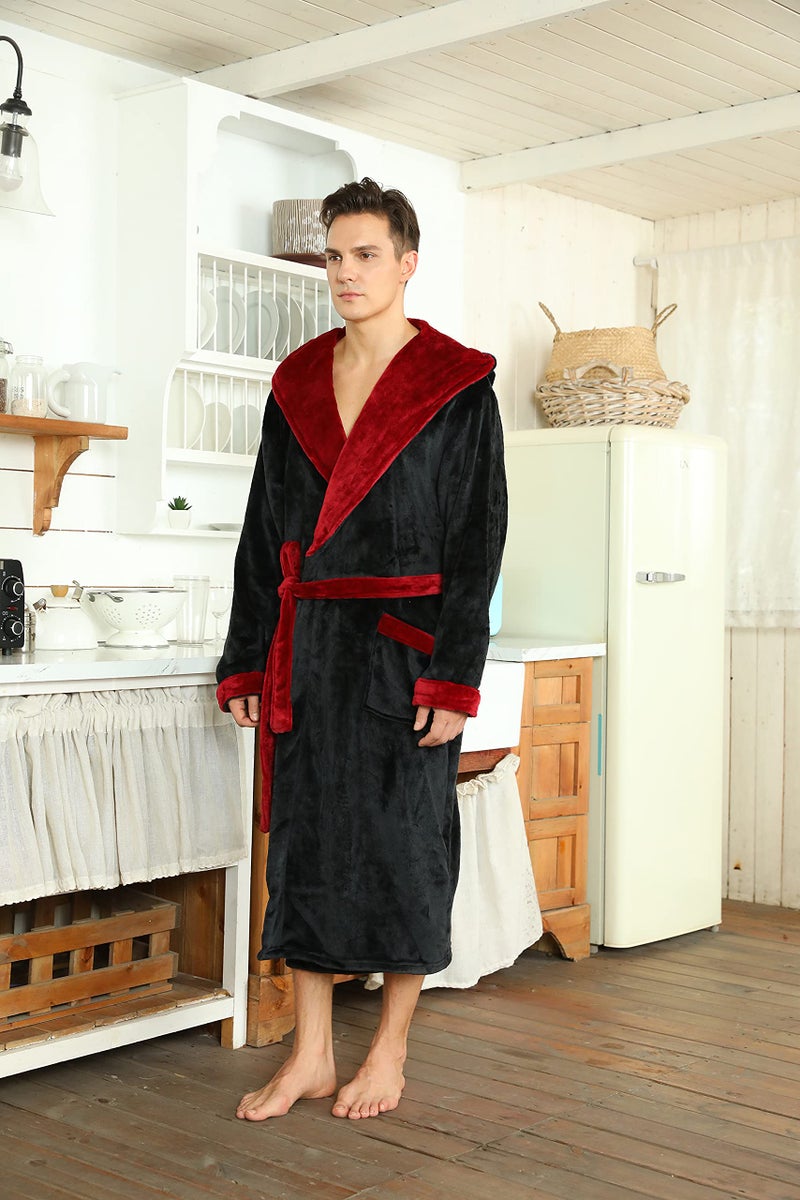 U2SKIIN Mens Fleece Hooded Robe Plush Bathrobe (Black/Dark Red, 2XL/3XL) - Image 3
