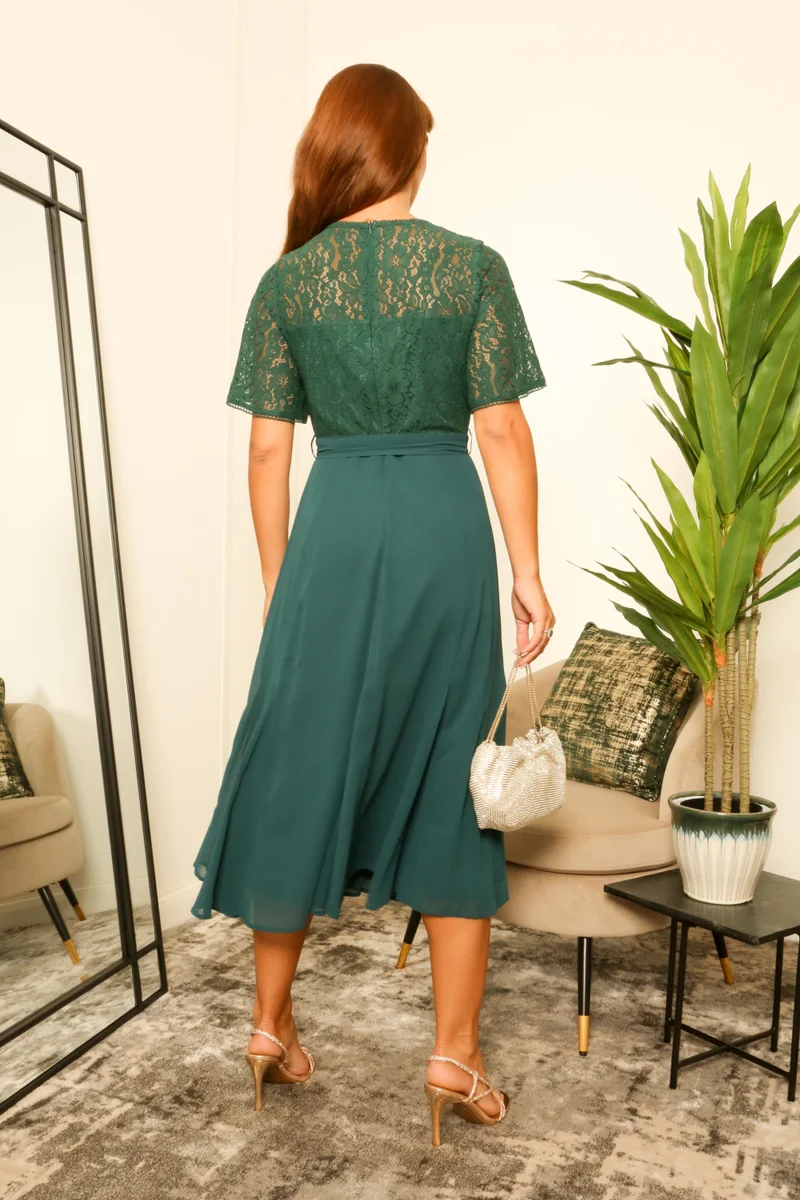 Double Second dark green Lace Top Chiffon Godet Dress for Women | Best Price UAE