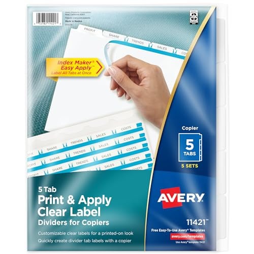 Avery 5-Tab Binder Dividers, Easy Peel Clear Labels for Copiers, Index Maker, White Tabs, 5 Sets (11421) - Image 1