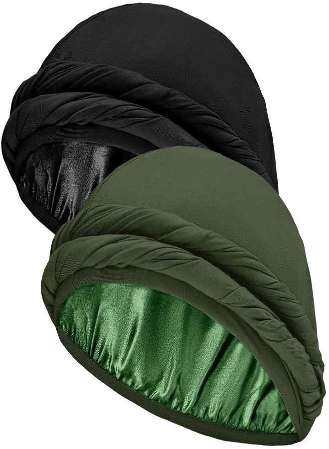 Ababalaya Upgraded Satin Lined Halo Turban Durag for Men &Women Sleeping Bonnet PRE-Tied Headwraps for Hair Loss, Black/Army Green, M-XL - Image 1