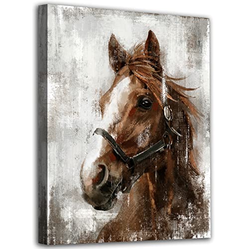 NINEASO Vintage Horse Canvas Wall Art Brown Horse Canvas Pictures Wall Decor Farmhouse Animals Painting Rustic Artwork Prints Living Room Bedroom Bathroom Office Home Wall Decoration 12" x 16" - Image 1