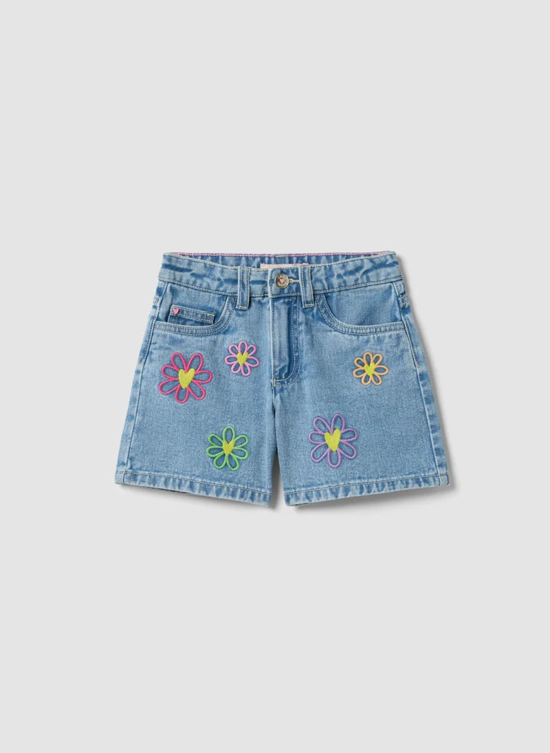 Ovs OVS Girl'S Regular Fit Light Blue Denim Cotton Shorts With Embroidery