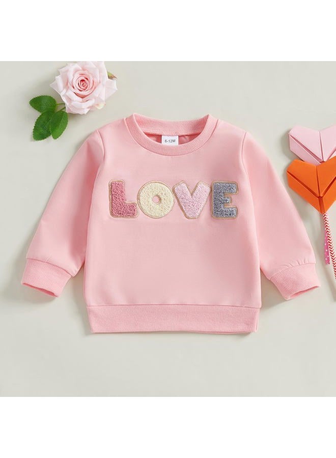 Socutebabe Baby Girl Clothes Toddler Fall Winter Outfits Love Embroidery Long Sleeve Crewneck Sweatshirts Oversized Pullovers (Pink, 12-18 Months) - Image 2