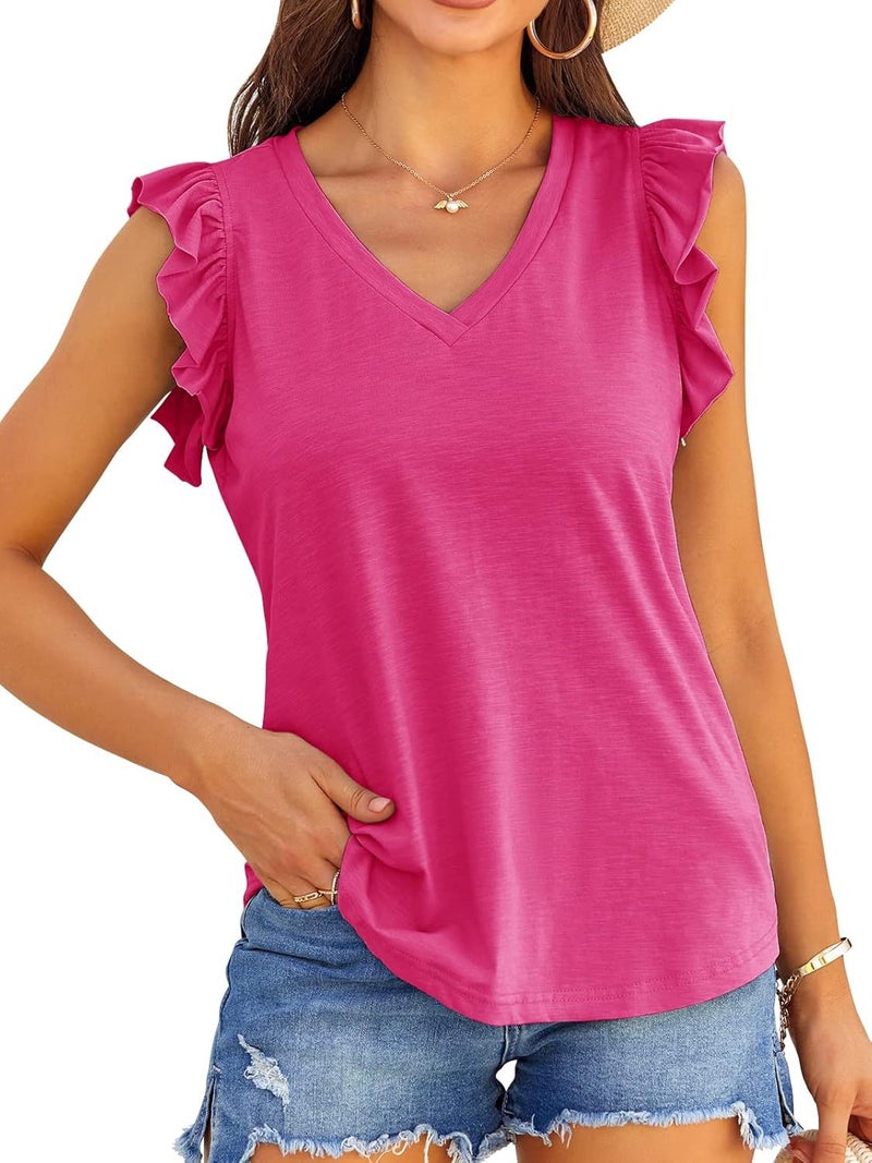 Temuwish Export Women'S Pure Color V Neck Cake Sleeve Short-Sleeved T-Shirt For Women - Image 3