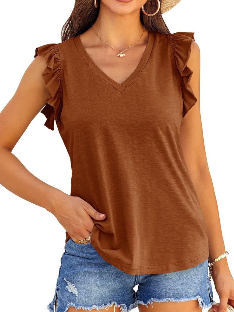 Temuwish Export Women'S Pure Color V Neck Cake Sleeve Short-Sleeved T-Shirt For Women - Image 1
