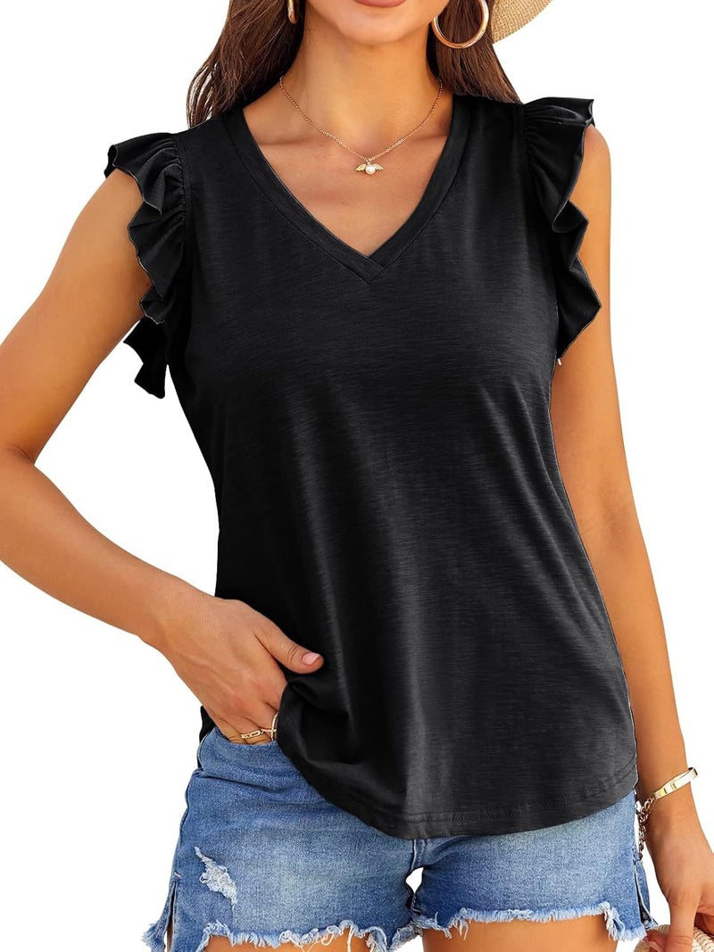 Temuwish Export Women'S Pure Color V Neck Cake Sleeve Short-Sleeved T-Shirt For Women - Image 2