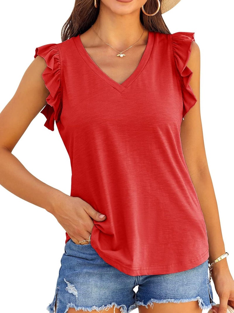 Temuwish Export Women'S Pure Color V Neck Cake Sleeve Short-Sleeved T-Shirt For Women - Image 4
