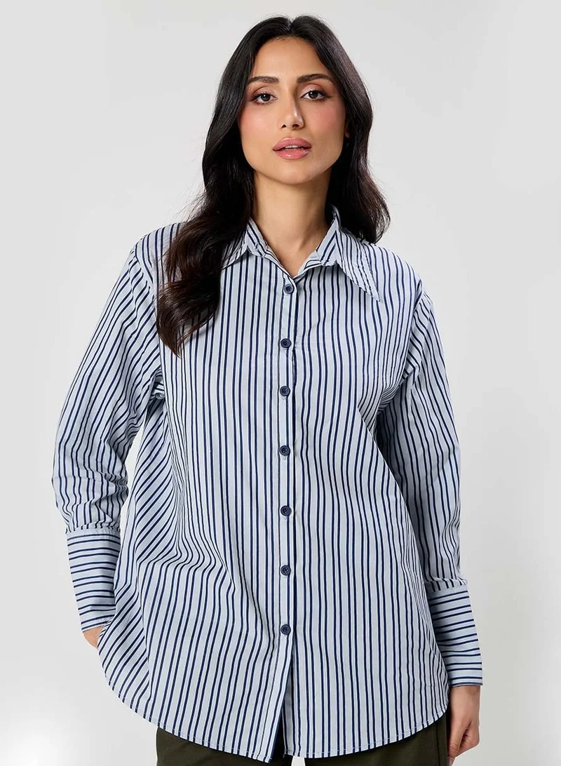 زجزاج Oversized Blue Cotton Printed Shirt