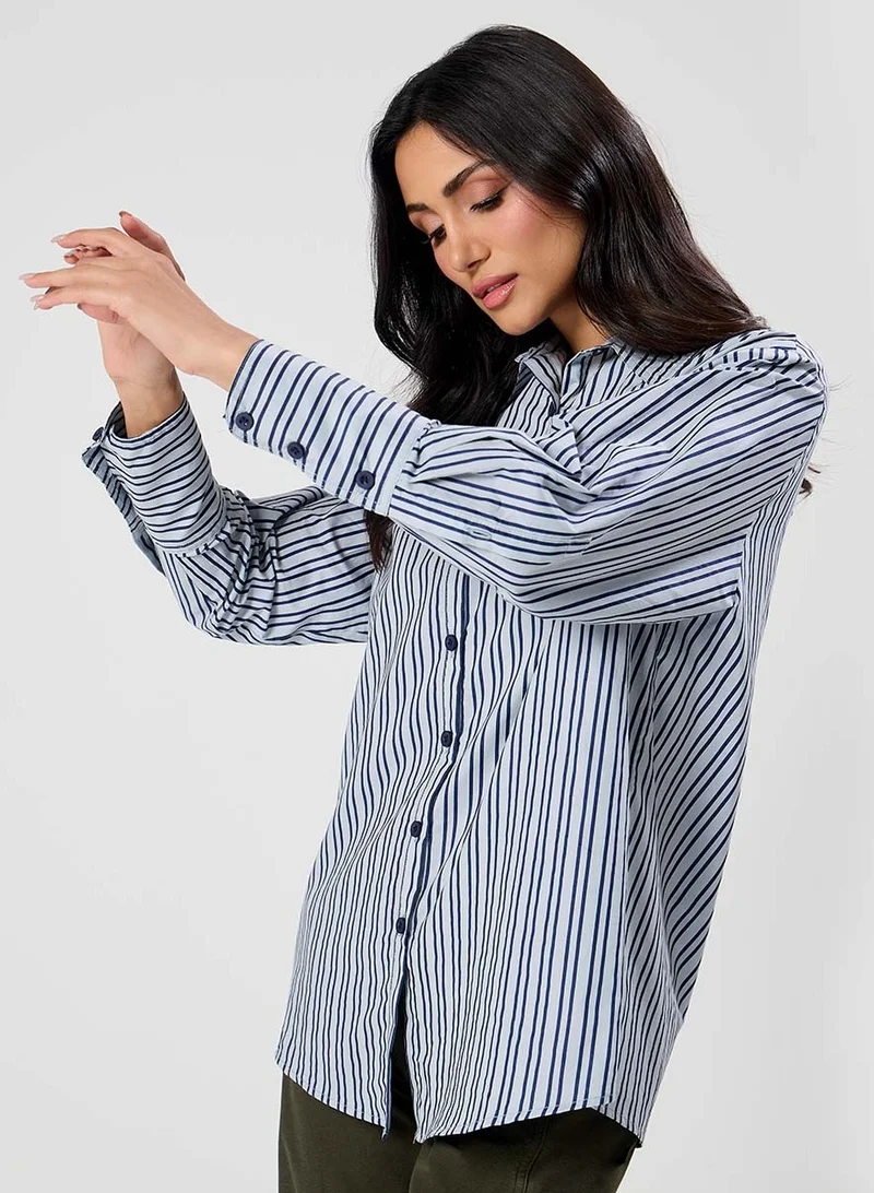 زجزاج Oversized Blue Cotton Printed Shirt