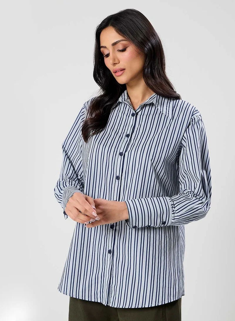 Zigzag Oversized Blue Cotton Printed Shirt