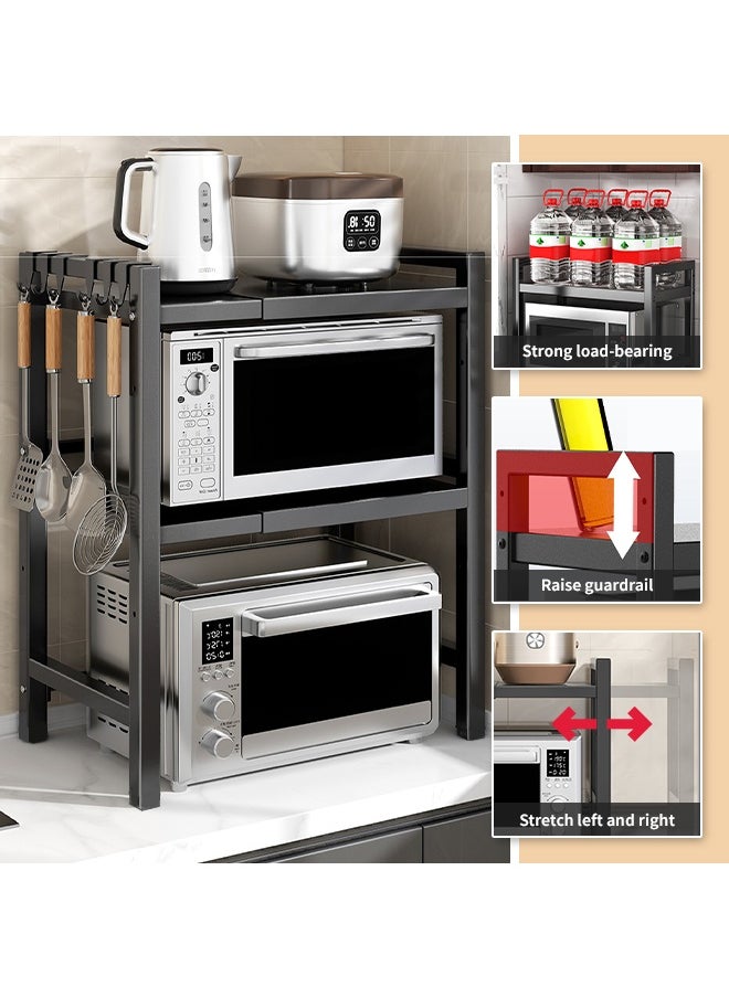 3-Tier Microwave Oven Rack, Retractable Microwave Stand, Kitchen Storage Rack with Utensil Hooks, Suitable for Storing Ovens, Toasters, Spices, Juicers
