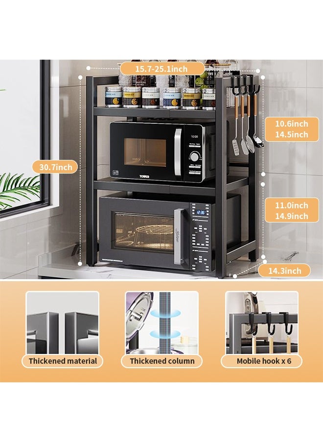 3-Tier Microwave Oven Rack, Retractable Microwave Stand, Kitchen Storage Rack with Utensil Hooks, Suitable for Storing Ovens, Toasters, Spices, Juicers