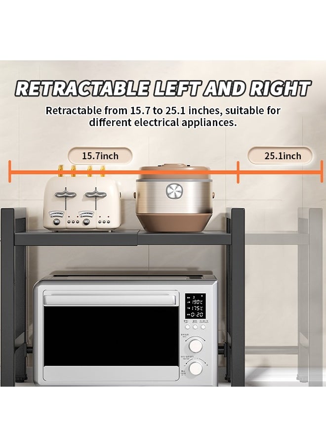 3-Tier Microwave Oven Rack, Retractable Microwave Stand, Kitchen Storage Rack with Utensil Hooks, Suitable for Storing Ovens, Toasters, Spices, Juicers
