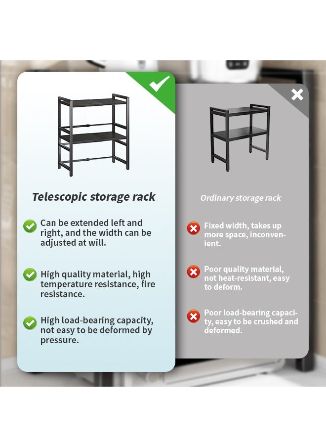 3-Tier Microwave Oven Rack, Retractable Microwave Stand, Kitchen Storage Rack with Utensil Hooks, Suitable for Storing Ovens, Toasters, Spices, Juicers