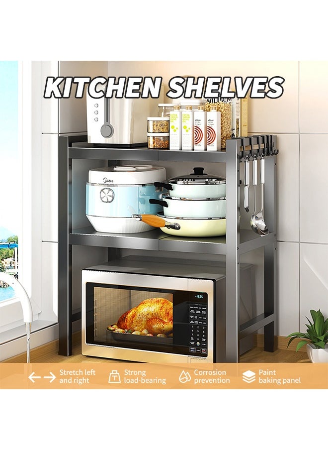 3-Tier Microwave Oven Rack, Retractable Microwave Stand, Kitchen Storage Rack with Utensil Hooks, Suitable for Storing Ovens, Toasters, Spices, Juicers