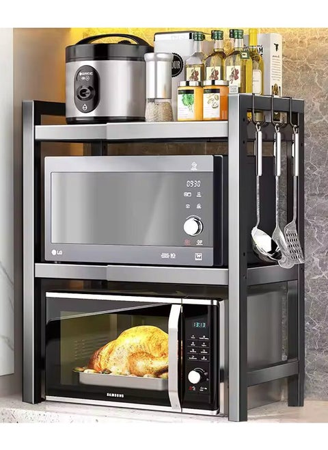 3-Tier Microwave Oven Rack, Retractable Microwave Stand, Kitchen Storage Rack with Utensil Hooks, Suitable for Storing Ovens, Toasters, Spices, Juicers